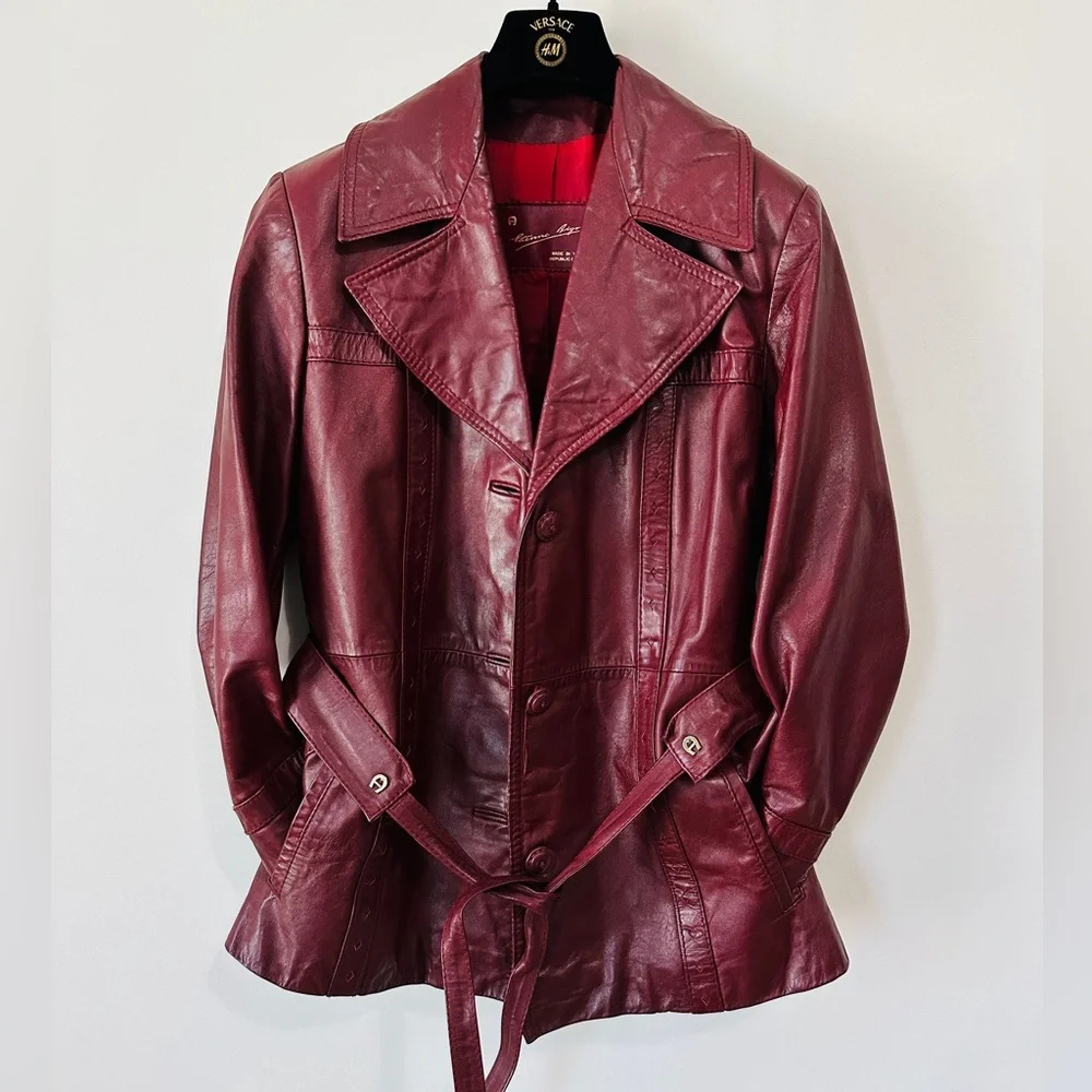 Vintage Burgundy Genuine Leather Belted Trench Jacket By Etienne Aigner